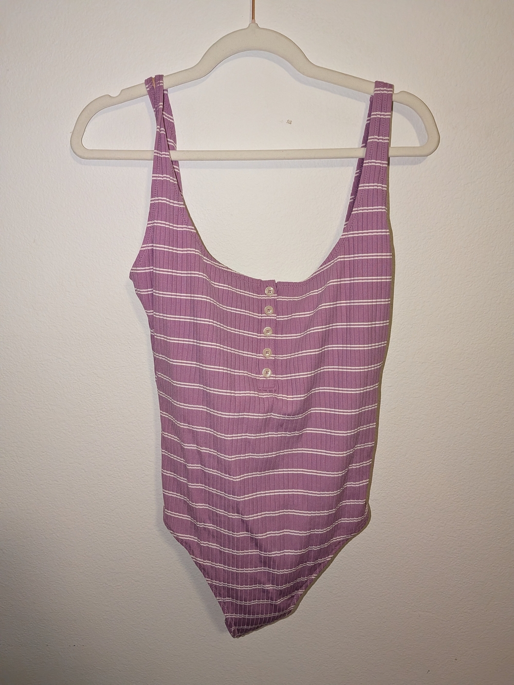 Madewell Lavender and White Striped One-Piece Bodysuit with Button Front